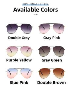 Aviator sunglasses color guide showing six gradient lens options and slim metal frames