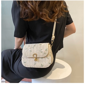 Detailed view of beige woven crossbody bag with embroidery and gold metal lock on a model