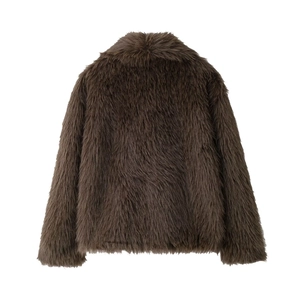Back view of dark brown faux fur short jacket showing soft texture and premium material