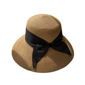 Women's summer straw sun hat with large brim and elegant black ribbon bow in khaki color