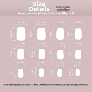 Detailed size chart showing width and length for 24 pieces of pink French tip press on nails