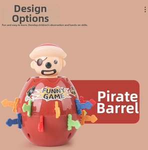 Detailed view of the pirate barrel game with colorful swords and pirate figure toy