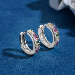 Rainbow cubic zirconia hoop earrings made of S925 sterling silver with colorful gemstones
