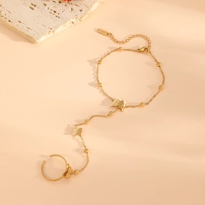 18k gold plated stainless steel butterfly ring bracelet set with beaded link chain