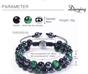 Size chart showing 8mm green tiger eye beads and adjustable 7.5 to 11.8 inch bracelet