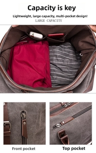 Detail view of large capacity grey canvas travel bag with spacious interior and pockets