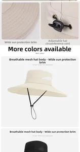 Detail of wide brim sun hat featuring breathable mesh vents and adjustable windproof cord
