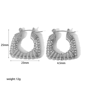 Silver square bamboo textured hoop earrings with sparkling cubic zirconia, 25mm height