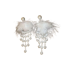 Elegant white feather pearl tassel earrings with silver needle hook and alloy accents