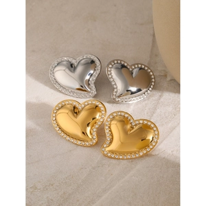 18k gold plated stainless steel heart earrings set with sparkling white rhinestones