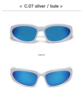 Front and angled views of silver sports sunglasses with reflective blue lenses