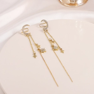 Golden star and moon long tassel earrings with sparkling zircon stones for women