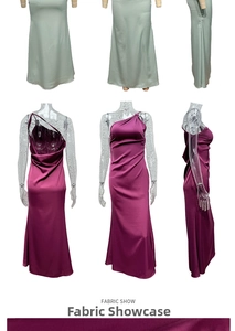 Detailed fabric texture show of shiny satin asymmetrical one-shoulder slim fit long dress