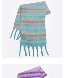 Detail shot of light blue knit scarf with orange stripes and soft fringed edges