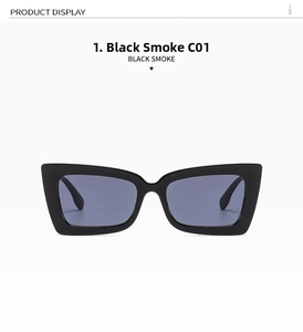 Front view of black futuristic cat-eye sunglasses with dark smoke lenses C01