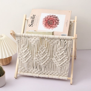 Nordic cotton rope woven magazine rack with foldable wooden frame for home office decor