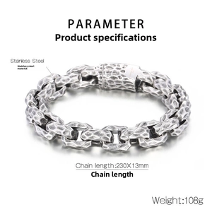 Close-up of vintage hammered stainless steel chain bracelet with heavy clasp