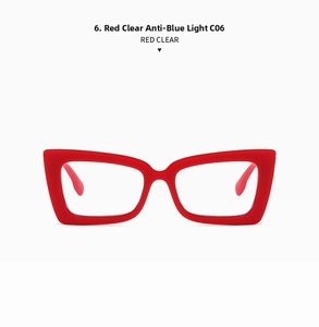 Detail of red square frame glasses with anti-blue light clear lenses and sturdy hinges