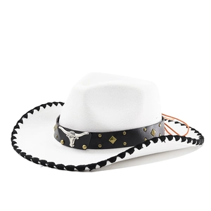 White western cowboy hat with bull head emblem, metal studs and braided brim detailing