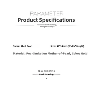 Detailed parameter chart showing the 39x34mm shell pearl brooch size and gold materials