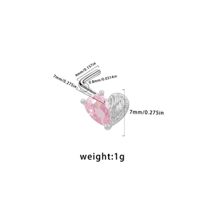 L-shaped silver nose stud featuring pink heart zircon and detailed wing design