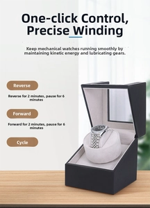 Macro detail of automatic watch winder showing rotation modes and premium leather finish