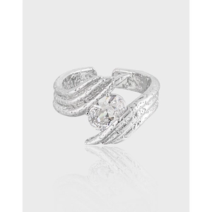 Luxury 925 Sterling Silver Irregular Texture Open Ring For Women Elegant Large Oval Zirconia Inlaid Adjustable Finger Ring Jewelry