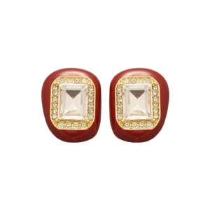French vintage dark red enamel earrings with crystal centerpiece and gold pavé rhinestones