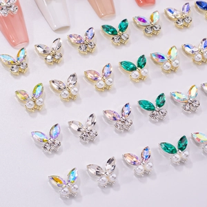3D alloy butterfly nail charms with rhinestones and pearls in various colors