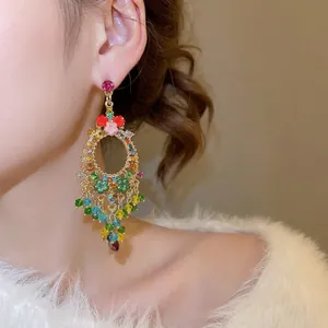 Bohemian floral round earrings with colorful crystals and long beaded tassels for women