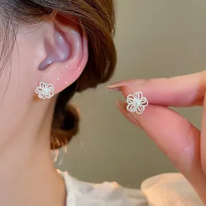 Hollow Flower Stud Earrings With Silver Earring Post Copper Filigree Floral Minimalist Elegant Jewelry For Women