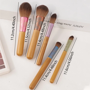 5Pcs mini makeup brush set with wooden handles and colorful patterned metal ferrules