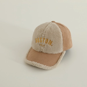 Detail of Boston 1630 embroidery on thick sherpa fleece and corduroy baseball cap