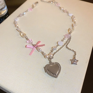 Collier Pendentif Médaillon Cœur Doux Y2K Avec Faux Künstliche Perles Chaîne En Alliage Noeud Papillon Étoile Bijoux Pour Femmes