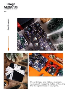 Vue détaillée du papier kraft imperméable avec motifs de Noël dorés et rubans décoratifs
