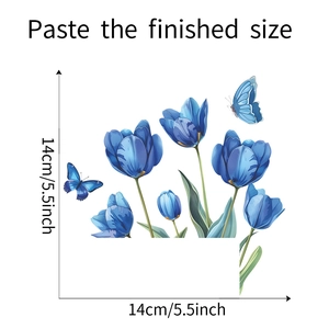 Detailed dimensions of blue tulip wall stickers featuring butterflies and green leaves