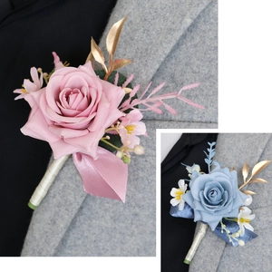 European style artificial rose boutonniere in pink and blue for wedding grooms