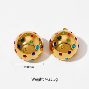 Macro detail of 19.8mm golden ball earrings featuring multi-color pave rhinestones