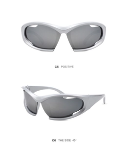Front and 45-degree angle view of silver Y2K futuristic steampunk sunglasses with grey lenses