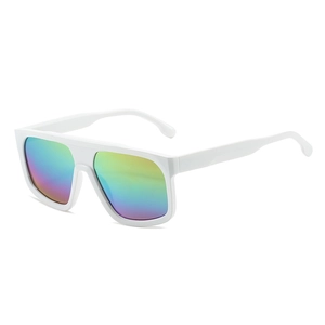 Futuristic white square frame sunglasses with colorful gradient lenses in a 45-degree view