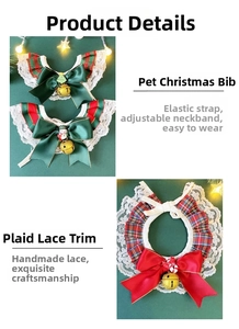 Detail of Christmas pet bib with red-green plaid, gold bell and lace embroidery