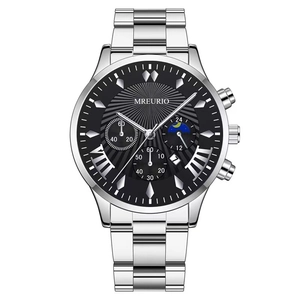 Herrenuhr aus Stahl mit schwarzem Multifunktionszifferblatt, römischen Ziffern und Silberarmband