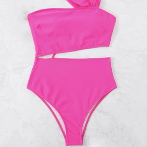 Sexy rose pink one-shoulder cutout one-piece swimsuit with high-waisted design for women
