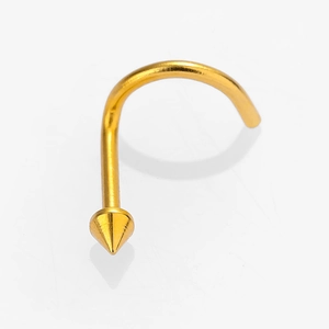 Detailed view of a gold curved barbell nose stud featuring a polished pointed cone tip