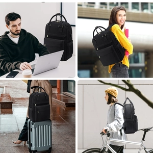 Detailed views of versatile black laptop backpack showing straps, pockets, and daily use