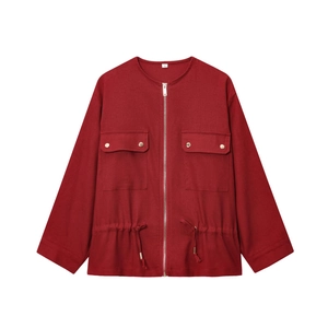 Women's casual red drawstring jacket with long sleeves and front zipper pockets