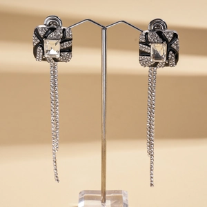 Elegant geometric square drop earrings with rhinestone tassels and black enamel inlay