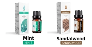 Detail of 10ml mint and sandalwood essential oil bottles with illustrated white boxes