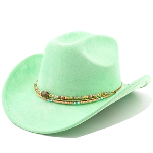 Detailed view of mint green suede cowboy hat with colorful ethnic beaded trim bands