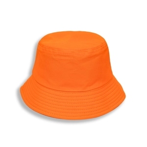 Detail of the vibrant orange cotton bucket hat showing fabric texture and wide brim